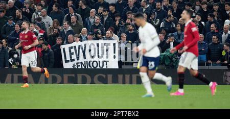 London, UK. 27th Apr, 2023. Tottenham Hotspur fans hold up a banner with their views against Tottenham Hotspur chairmanr Daniel Levy during the match. Premier League match, Tottenham Hotspur v Manchester Utd at the Tottenham Hotspur Stadium in London on Thursday 27th April 2023. this image may only be used for Editorial purposes. Editorial use only, pic by Sandra Mailer/Andrew Orchard sports photography/Alamy Live news Credit: Andrew Orchard sports photography/Alamy Live News