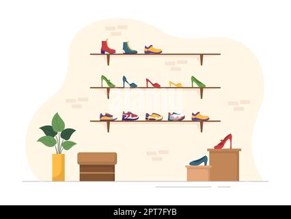 Shoe Store with New Collection Men or Women Various Models or Colors of Sneakers and High Heels in Flat Cartoon Hand Drawn Templates Illustration Stock Photo