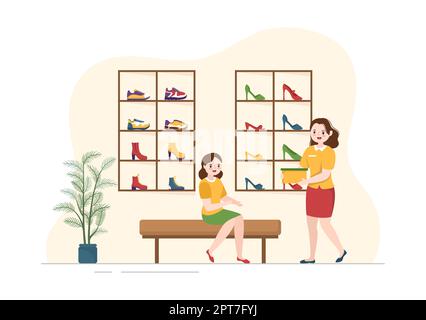 Shoe Store with New Collection Men or Women Various Models or Colors of Sneakers and High Heels in Flat Cartoon Hand Drawn Templates Illustration Stock Photo