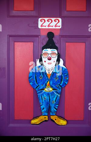 Door with Elvis Presley in Clown Costume, America's Scariest Hotel, Clown Motel, Tonopah, Nevada, USA Stock Photo