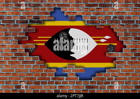 3D Flag of Eswatini behind the broken old stone wall background Stock ...