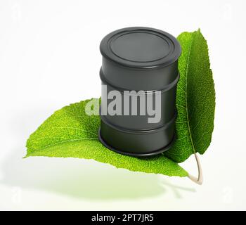 Green leaves and oil barrel isolated on white background. 3D illustration. Stock Photo