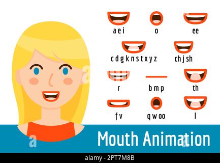 Mouth Lip Sync set for animation of sound pronunciation. Phoneme mouth shapes collection of a blonde woman with blue eyes and red lips. Talking avatar Stock Photo