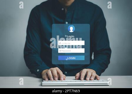 man using keyboard computer login interface on touch screen. user name and password inputs on virtual digital account online. Stock Photo