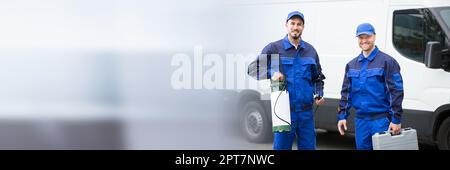 Pest Control Worker Men Near Truck. Smiling Exterminator Stock Photo ...