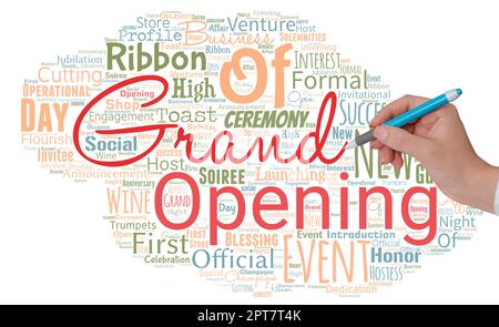 Big word cloud with words grand opening with hand and pen. Stock Photo