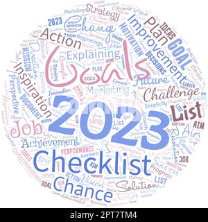 Big word cloud in the shape of circle with words goals 2023. Stock Photo