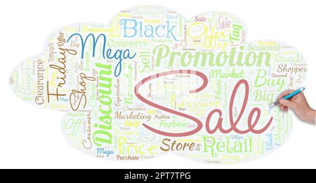 Big word cloud in the shape of UFO with hand and pen with words mega sale. Stock Photo