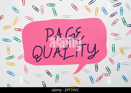 Conceptual display Page Quality, Word Written on Effectiveness of a website in terms of appearance and function Stock Photo
