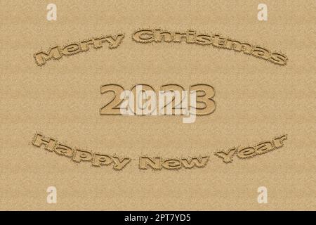 3D illustration New Year concept 2023 design with text sand design. Stock Photo