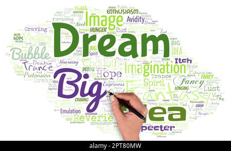Big word cloud with words dream big with hand and pen. Stock Photo