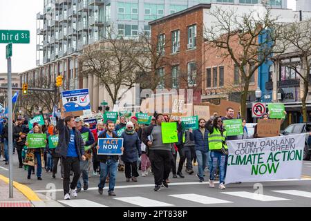 Royal Oak, Michigan USA, 22 April 2022, The Oakland County (Michigan) Earth Day Climate March drew hundreds in suburban Detroit who urged action to Stock Photo