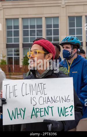 Royal Oak, Michigan USA, 22 April 2022, The Oakland County (Michigan) Earth Day Climate March drew hundreds in suburban Detroit who urged action to Stock Photo