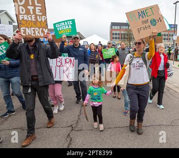 Royal Oak, Michigan USA, 22 April 2022, The Oakland County (Michigan) Earth Day Climate March drew hundreds in suburban Detroit who urged action to Stock Photo