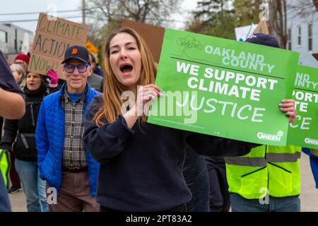 Royal Oak, Michigan USA, 22 April 2022, The Oakland County (Michigan) Earth Day Climate March drew hundreds in suburban Detroit who urged action to Stock Photo