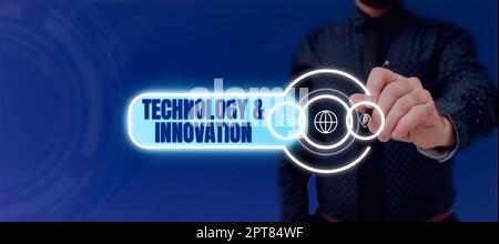 Hand writing sign Technologyandinnovation, Word Written on Application of better Solution for New Market Needs Stock Photo