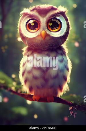 Portrait of a cute baby owl. Digital art 3D illustration in the style of animation Stock Photo