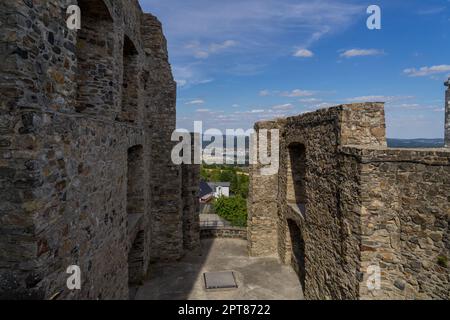 Ancient castle ruin called Greifenstein in the same called german village at summer Stock Photo