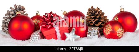 Christmas decoration with balls baubles gift present ornaments deco banner isolated on white Stock Photo