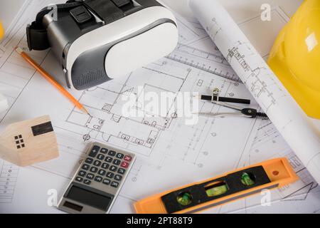 Architect workplace top view. Architectural blueprint paper project plans on desk table, tool for engineer contractor building design working drawing Stock Photo