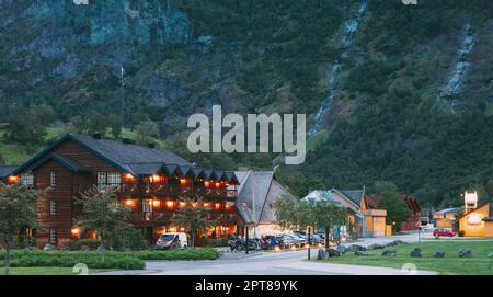 Flam, Norway. Wooden Hotel In Norwegian Countryside In Summer Night. Stock Photo
