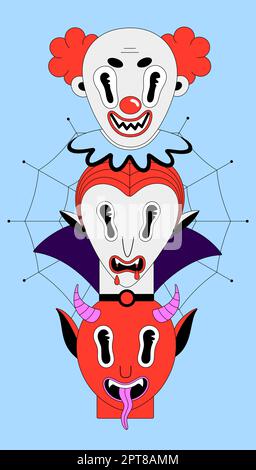 Halloween holiday. Colorful spooky fantasy characters on blue background. Vampire Dracula, bat, red devil, creepy clown. Cartoon scary portraits. Blac Stock Photo