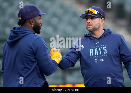 Tampa Bay Rays assistant hitting coach Dan DeMent, right, shakes hands with  Randy Arozarena during batting practice before a baseball game against the  Chicago White Sox, Thursday, April 27, 2023, in Chicago. (