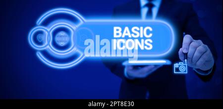 Conceptual caption Basic Icons, Word Written on pictogram or ideogram displayed on a computer screen or phone Stock Photo