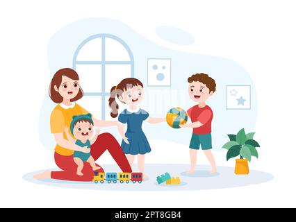 Babysitter or Nanny Services to Care for Provide for Baby Needs and Play with Children on Flat Cartoon Hand Drawn Template Illustration Stock Photo