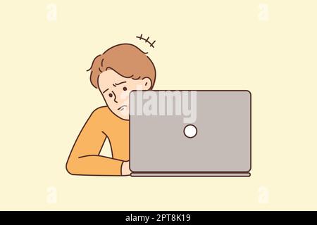 Unhappy man work on laptop have problems Stock Vector