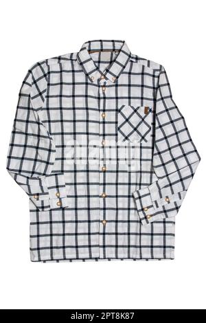 Checked shirts. Close-up of a black and white tartan or plaid shirt for mens isolated on a white background. Clipping path. Summer fashion of mans clo Stock Photo