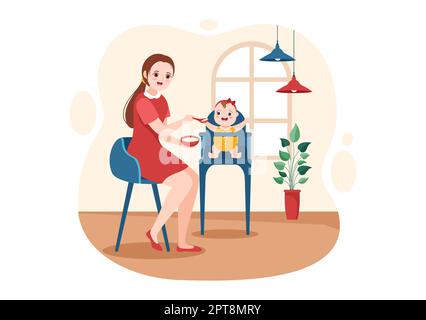 Babysitter or Nanny Services to Care for Provide for Baby Needs and Play with Children on Flat Cartoon Hand Drawn Template Illustration Stock Photo