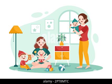 Babysitter or Nanny Services to Care for Provide for Baby Needs and Play with Children on Flat Cartoon Hand Drawn Template Illustration Stock Photo