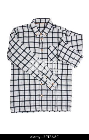 Checked shirts. Close-up of a black and white tartan or plaid shirt for mens isolated on a white background. Clipping path. Summer fashion of mans clo Stock Photo