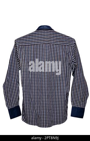Checked shirts. Close-up of a blue gray and white tartan or plaid shirt for mens isolated on a white background. Clipping path. Summer fashion of mans Stock Photo