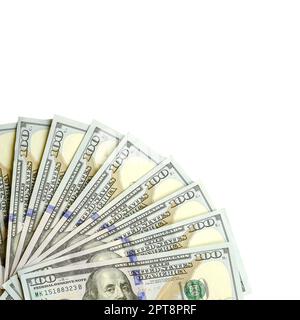 A border of American money isolated on white with copy space. Money Border of hundred dollar bills Stock Photo