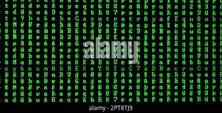 Macro shot of a glitch on the monitor of an office computer. The concept of introducing a virus into a personal data keeper. Stream of random green sy Stock Photo