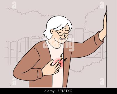 Unhealthy mature woman touch chest suffer from heart attack. Unwell senior grandmother struggle with cardiovascular disease. Vector illustration. Stock Photo