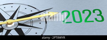 Compass needle pointing to the text Changes coming in 2023 - 3d render Stock Photo