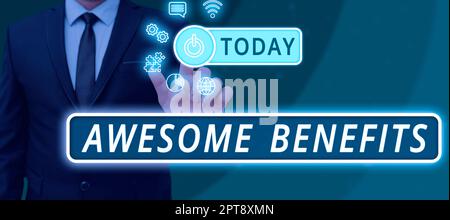 Handwriting text Awesome Benefits, Internet Concept tools for managing personal finances and building assets Businessman Pointing On Power Button And Stock Photo