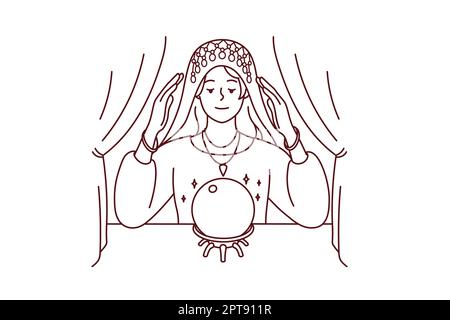 Female fortune teller look at magic ball predict future. Woman gypsy in robe do magical ritual in room. Vector illustration. Stock Photo