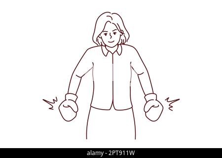 Strong businesswoman in boxing gloves show leadership and power. Powerful female employee or worker demonstrate strength. Vector illustration. Stock Photo