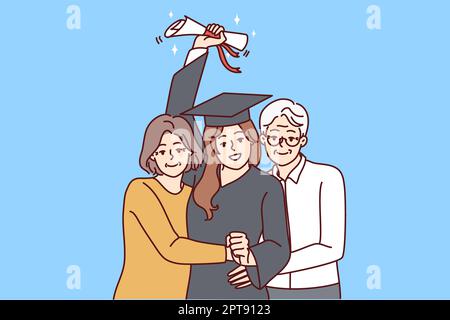 Happy elderly parents hug excited daughter in graduation mantle holding diploma. Smiling mature mom and dad embrace happy girl graduate from universit Stock Photo