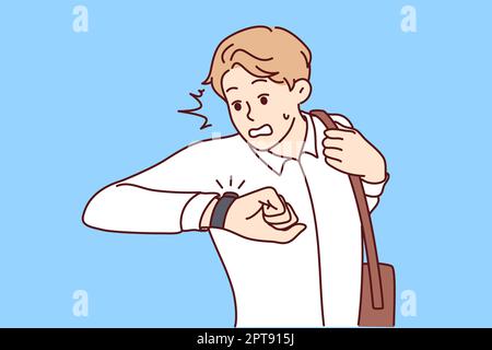 Stressed man look at wristwatch being late for work. Unhappy guy check time worry about missed deadline. Time management. Vector illustration. Stock Photo