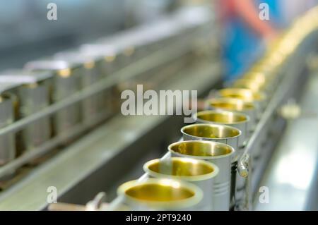 Canned fish factory. Food industry.  Sardines in red tomato sauce in tinned cans at food factory. Food processing production line. Food manufacturing Stock Photo