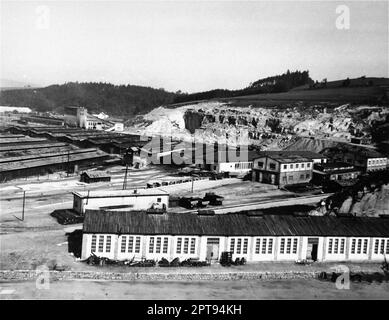 View of Gusen concentration camp after liberation in 1945. Gusen was a sub-camp of the Austrian Mauthausen camp complex. Stock Photo