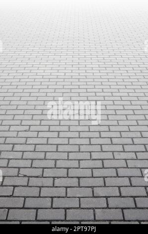 Photo of the site from the old paving slab with small defects and cracks, leaving in perspective. Street coverage of pedestrian areas and paths in par Stock Photo