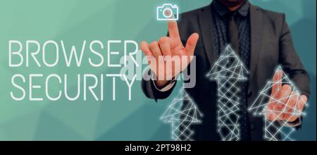 Text caption presenting Browser Security, Business showcase someone who analyzes an organization or business domain Man In Suit Pointing At Arrows And Stock Photo