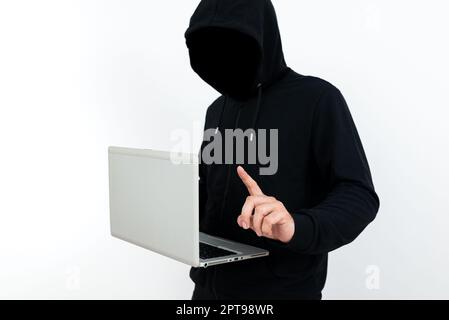 Man Standing With Laptop Presenting Cyber Security. Stock Photo
