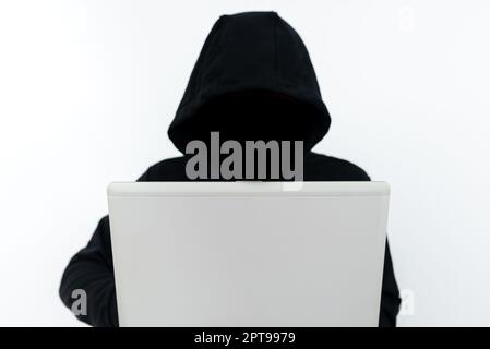 Man Standing With Laptop Presenting Cyber Security. Stock Photo